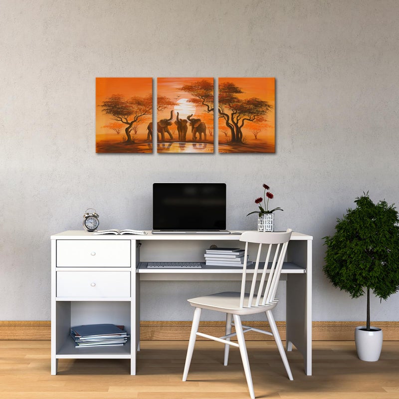 iHAPPYWALL Vintage African Elephant Family Canvas Wall Art African Forest Sunset Landscape Orange Picture Print On Canvas for Living Room Bedroom Home Decor Ready to Hang 12"x16"x3PCS - Image 2